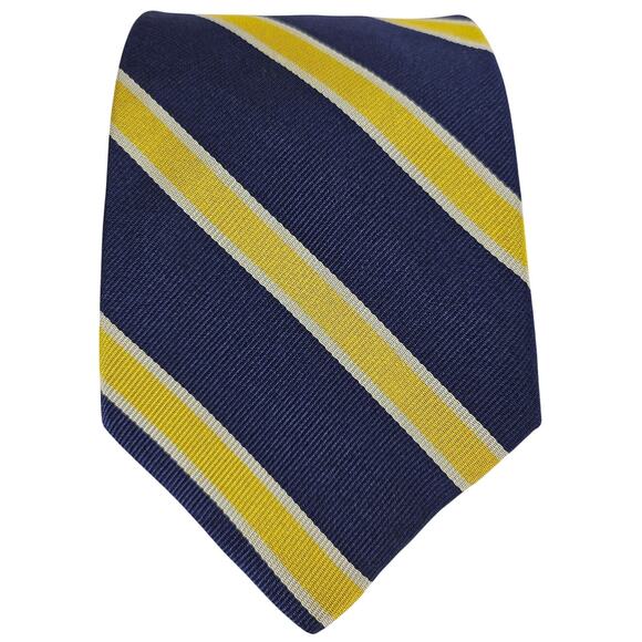 BROOKS BROTHERS MEN'S 4" NECK TIE NAVY BLUE YELLOW STRIPE WITH WHITE BORDER - Picture 1 of 8